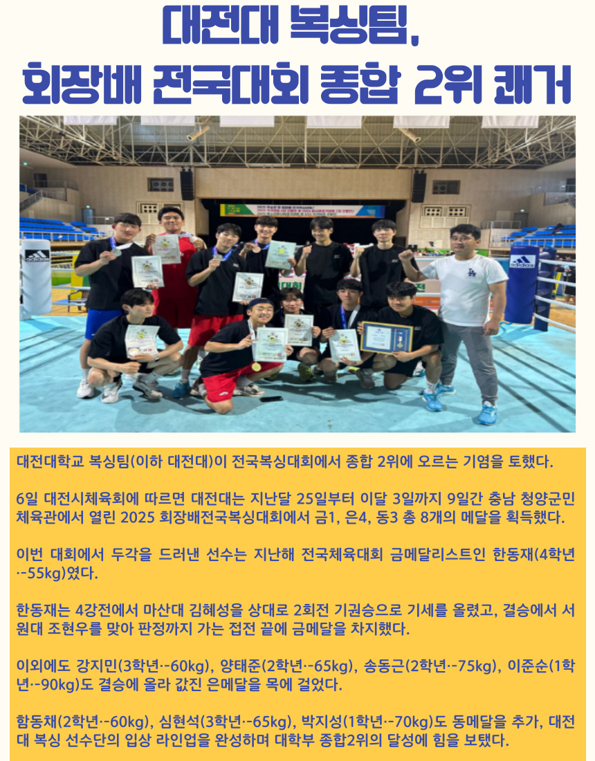 대전대 복싱팀, 회장배 전국대회 종합 2위 쾌거